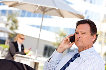 Image showing Businessman Smiles as He Talks on His Cell Phone