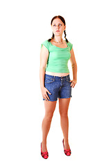 Image showing Pretty girl in jeans shorts.