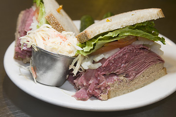 Image showing deli combination sandwich corned  beef tongue chopped liver on j