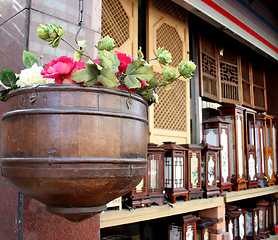 Image showing Flower pot hanging with oriental lights in the background