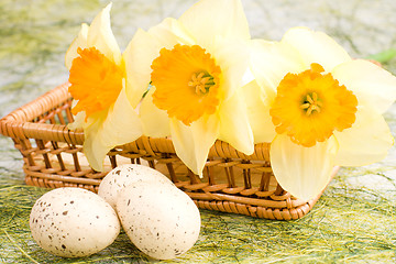 Image showing Daffodils in the basket and easter eggs