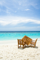 Image showing  Free table for two on the beach with ocean view