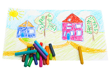 Image showing Wax crayons and a children's drawing.