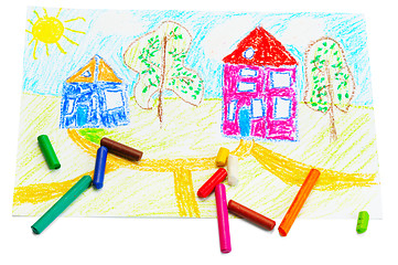 Image showing Wax crayons and a children's drawing.