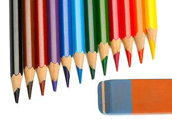 Image showing Colored pencils and eraser