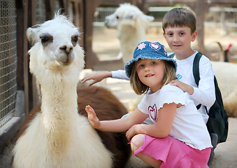 Image showing Children and animals in the zoo