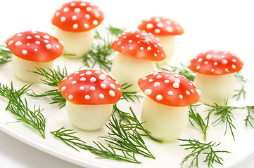 Image showing Mushrooms made of eggs and tomatos