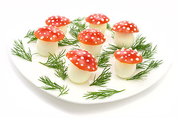 Image showing Mushrooms made of eggs and tomatos