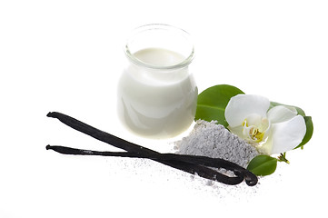 Image showing vanilla beans with aromatic sugar, milk and flower