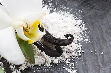 Image showing vanilla beans with aromatic sugar and flower