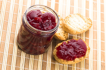 Image showing Breakfast of cherry jam on toast