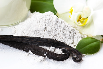 Image showing vanilla beans with aromatic sugar, milk and flower 