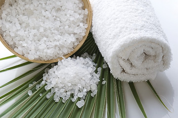 Image showing bath salt and palm leaf