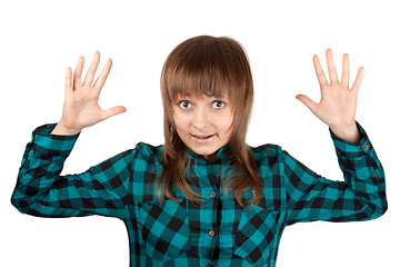 Image showing Beautiful girl in plaid shirt and hand upwards