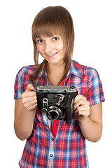 Image showing Beautiful young girl with old analog photo by camera