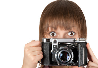 Image showing Portrait young girl with old analog photo by camera