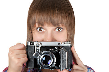 Image showing Portrait young girl with old analog photo by camera