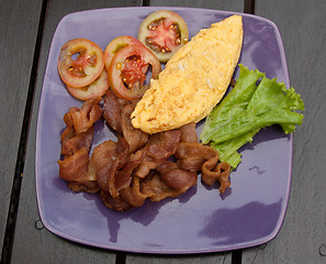 Image showing Breakfast on violet plate