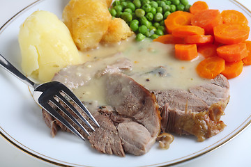 Image showing Lamb dinner plate with fork
