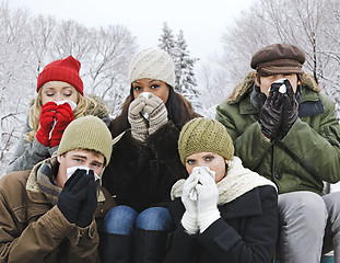 Image showing Group of friends with colds outside in winter