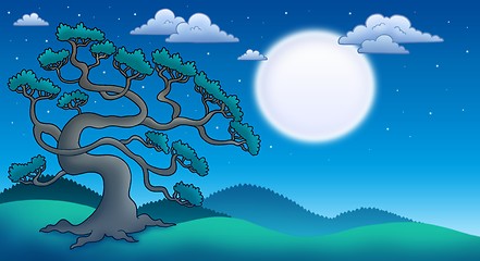 Image showing Night landscape with old pine tree