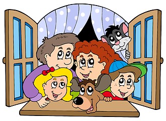 Image showing Happy family in open window