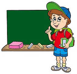 Image showing Advising school boy with blackboard