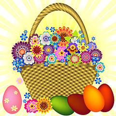 Image showing Easter Gold Basket With Flowers And Eggs