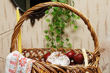 Image showing Basket with Easter cake and eggs