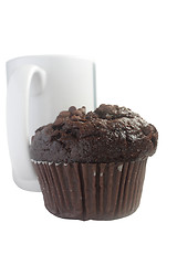 Image showing Chocolate muffin and a white cup