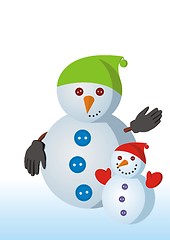 Image showing Two snowmen - father an son. Can be used as a card