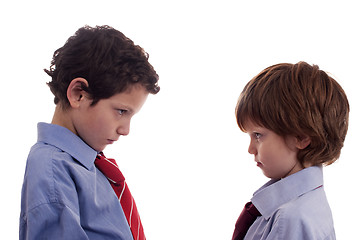 Image showing two little businessmen confronted, face to face