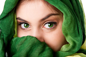 Image showing Face with green eyes and scarf