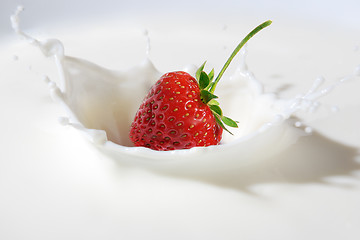 Image showing Delicious strawberry splashing into milk