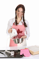 Image showing beautiful housewife preparing with kitchen mixer