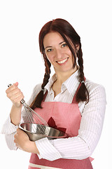 Image showing beautiful housewife preparing with egg beater 