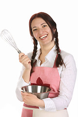 Image showing beautiful housewife preparing with egg beater 