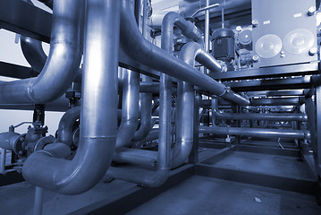 Image showing Pipes, tubes, machinery and steam turbine at a power plant in bl