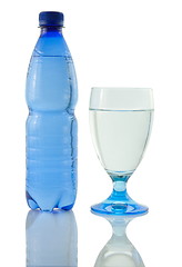 Image showing Bottle and glass of mineral water reflected on white background