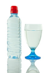 Image showing Bottle and glass of mineral water reflected on white background