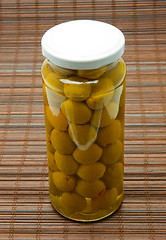Image showing Pickled olives in glass jar
