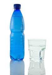 Image showing Bottle and glass of mineral water reflected on white background