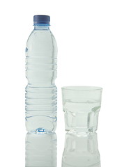 Image showing Bottle and glass of mineral water reflected on white background