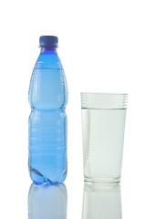 Image showing Bottle and glass of mineral water reflected on white background