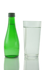 Image showing Bottle and glass of mineral water reflected on white background