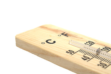 Image showing Wooden thermometer on white background