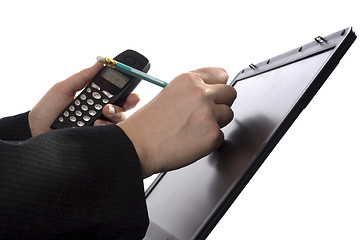 Image showing Businessman writing notes on a touchscreen