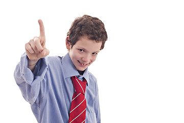 Image showing small businessman, raising his hand with a finger in the air