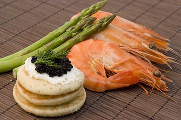 Image showing shrimps, caviar and asparagus