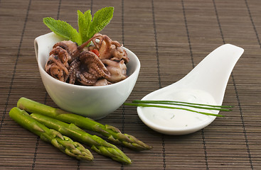 Image showing octopus asparagus and tzatziki cream